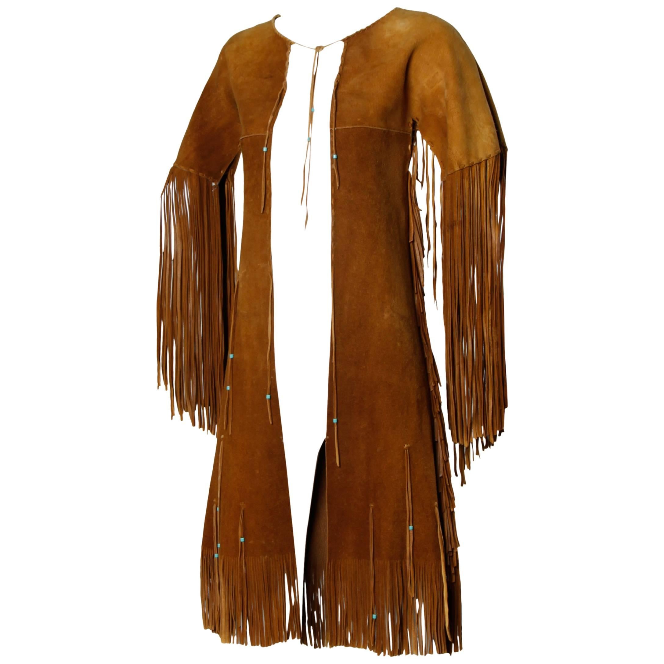 Traditionally Hand-Crafted Vintage Native American Buckskin Fringe Coat For Sale
