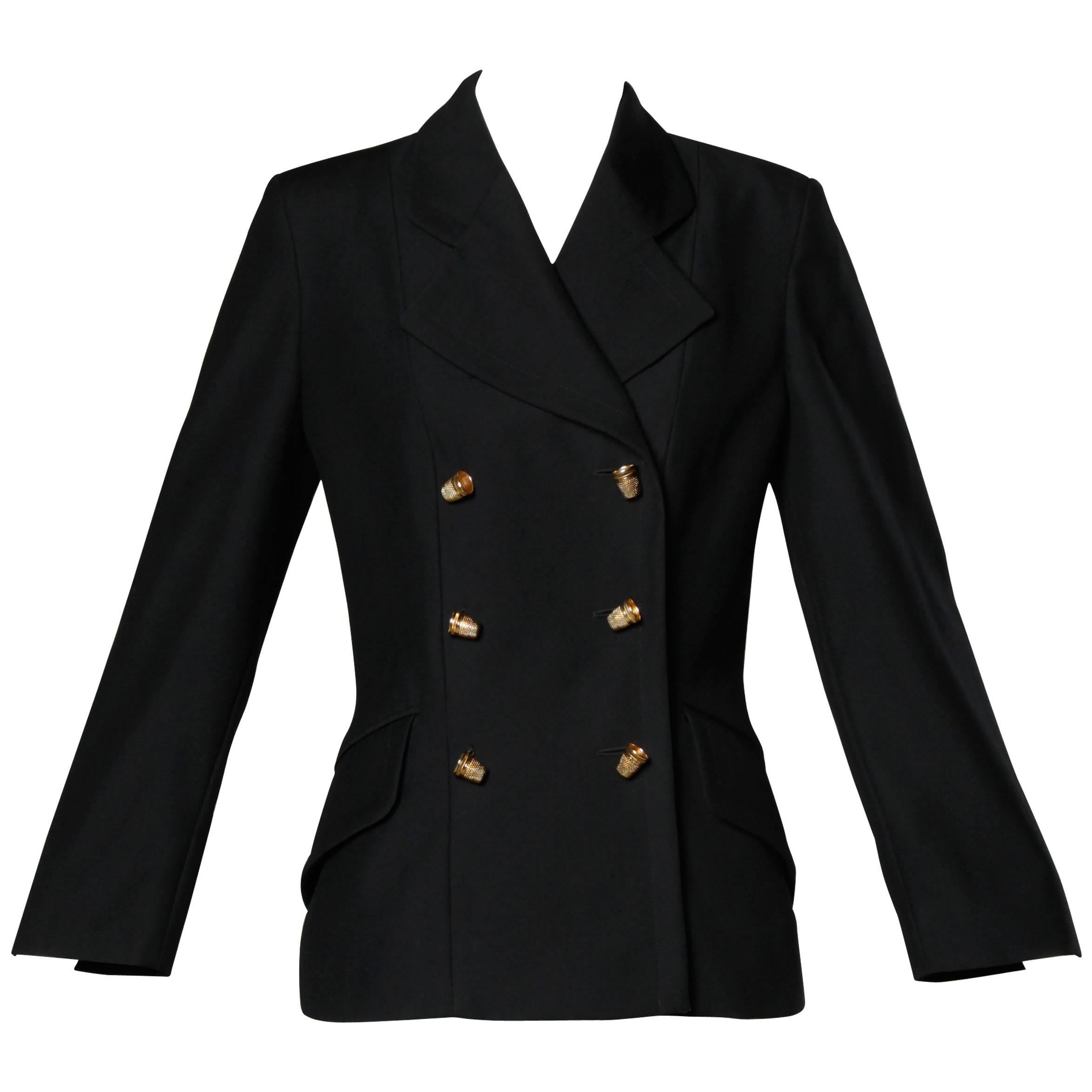 Moschino Vintage 90s Black Blazer Jacket with Novelty "Thimble" Buttons For Sale