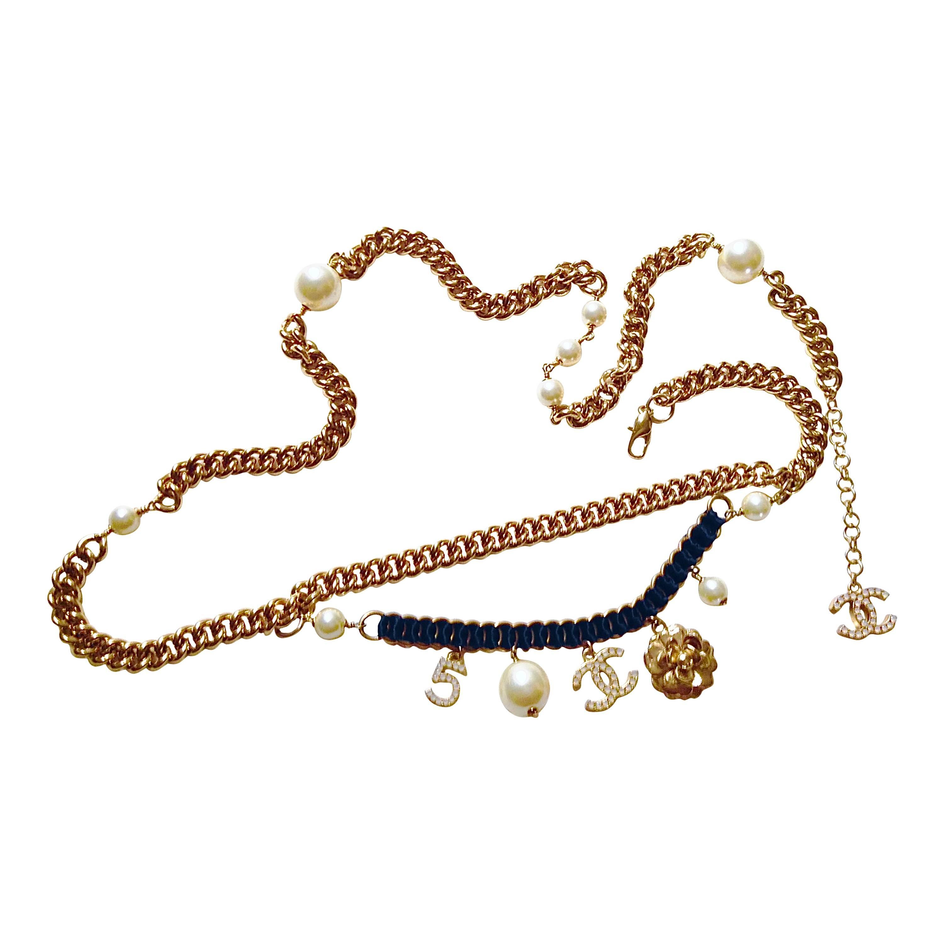 PRISTINE Chanel ✿*ﾟCAMELLIA N5 PEARL NECKLACE Bracelet BELT