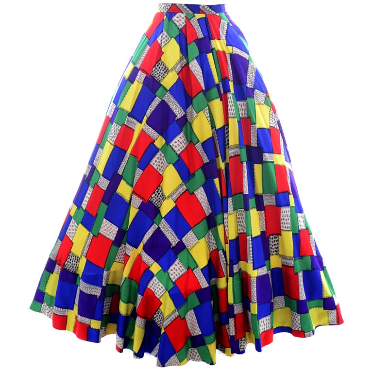 1940s Vintage Skirt in Patchwork Color block Print from Gilbert Adrian Collector For Sale