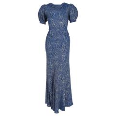 1930's Metallic Blue-Roses Floral Lame Belted Puff Sleeve Bias-Cut Evening Gown