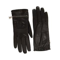 Chanel Black Leather CC Gloves w/ Silver Chain Through sz 8