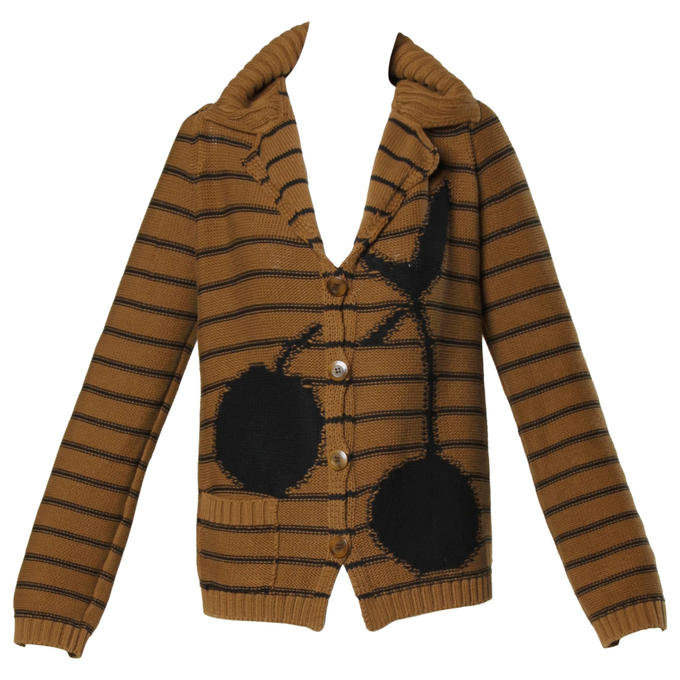 Sonia Rykiel Brown Striped Knit Cardigan Sweater with Black Cherries Design