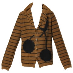 Sonia Rykiel Pull Cardigan en maille rayée marron avec motif de cerises noires