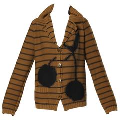 Sonia Rykiel Brown Striped Knit Cardigan Sweater with Black Cherries Design 4