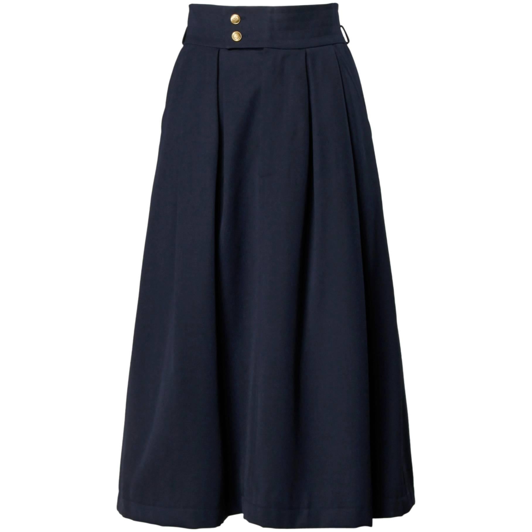 YSL Yves Saint Laurent Rive Gauche Vintage Navy Wool Box Pleated Skirt