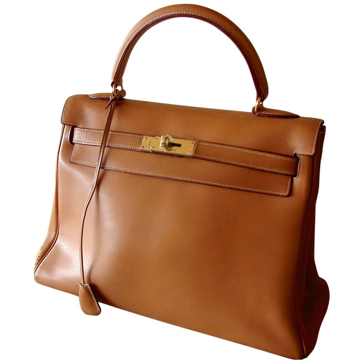 1960s Hermes Kelly 32cm Bag Gold Box Leather + Shoulder Strap Bonwit Teller Rare