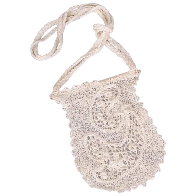 1910 Handmade Irish Lace Crochet Bag For Sale