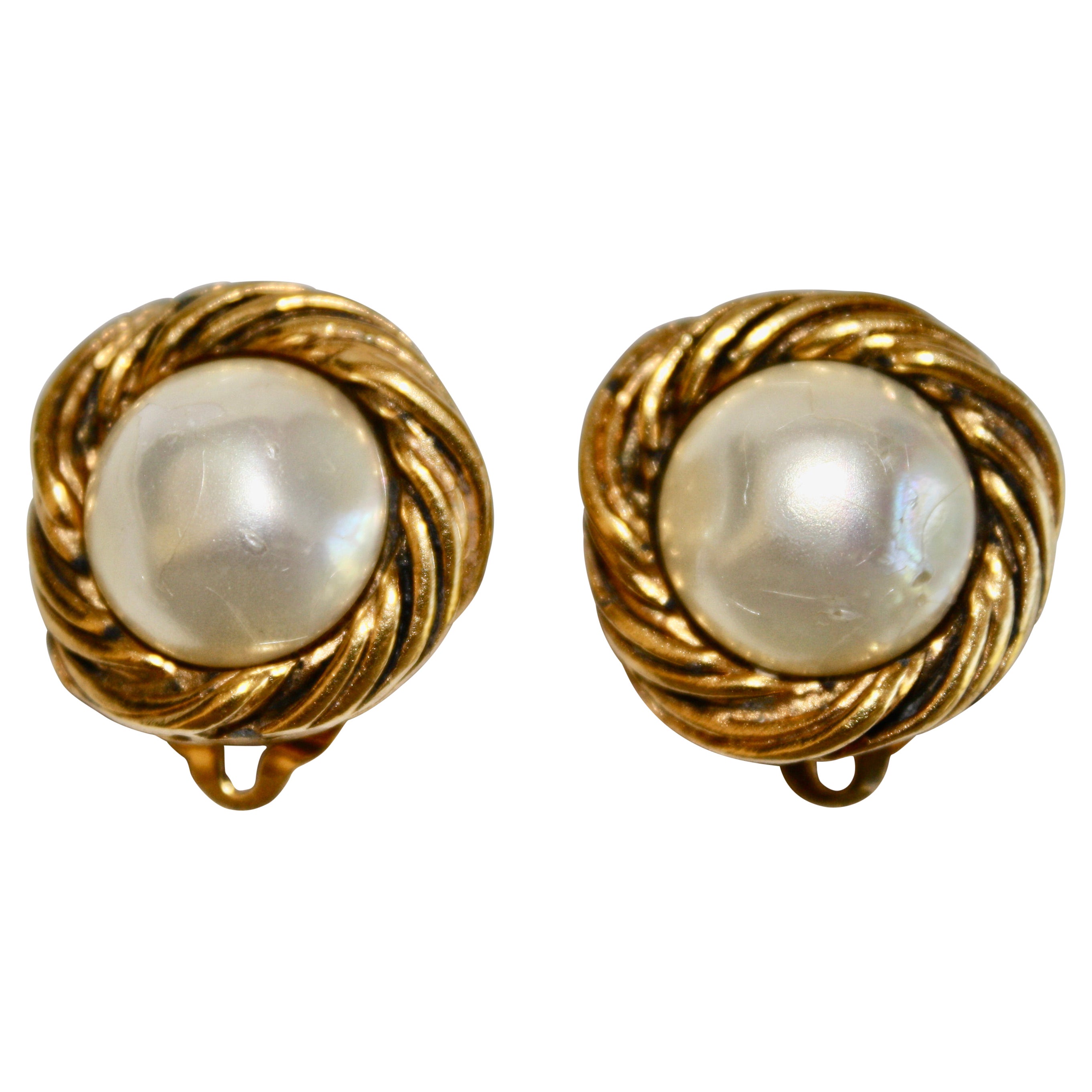 Vintage Chanel Pearl and Gold Clip Earrings