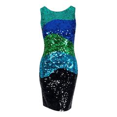 1990's Bergdorf Goodman Blue Green Ombre Sequin Bodycon Hourglass Dress 8