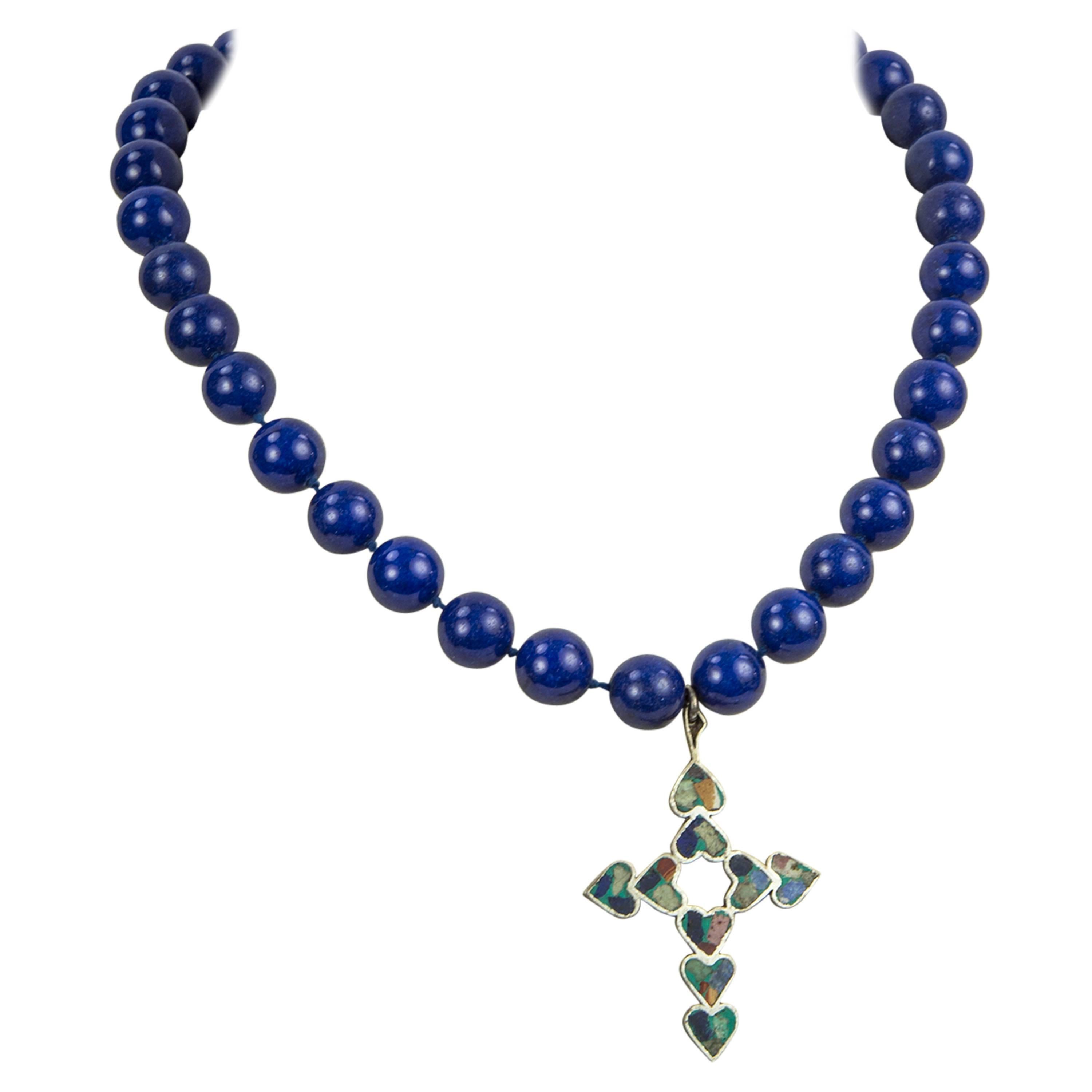 Inlaid Sterling Silver Crucifix Blue Agate Pendant Necklace