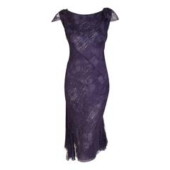 Vintage 1990's Gianni Versace Couture Beaded Orchid Purple Lace Bias-Cut Backless Dress