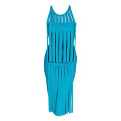 1990's Herve Leger Runway Turquoise Blue Knit Birdcage Cut-Out Bodycon Dress 6