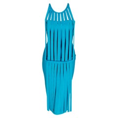 Retro 1990s Herve Leger Runway Turquoise Stretch Knit Birdcage Bodycon Dress
