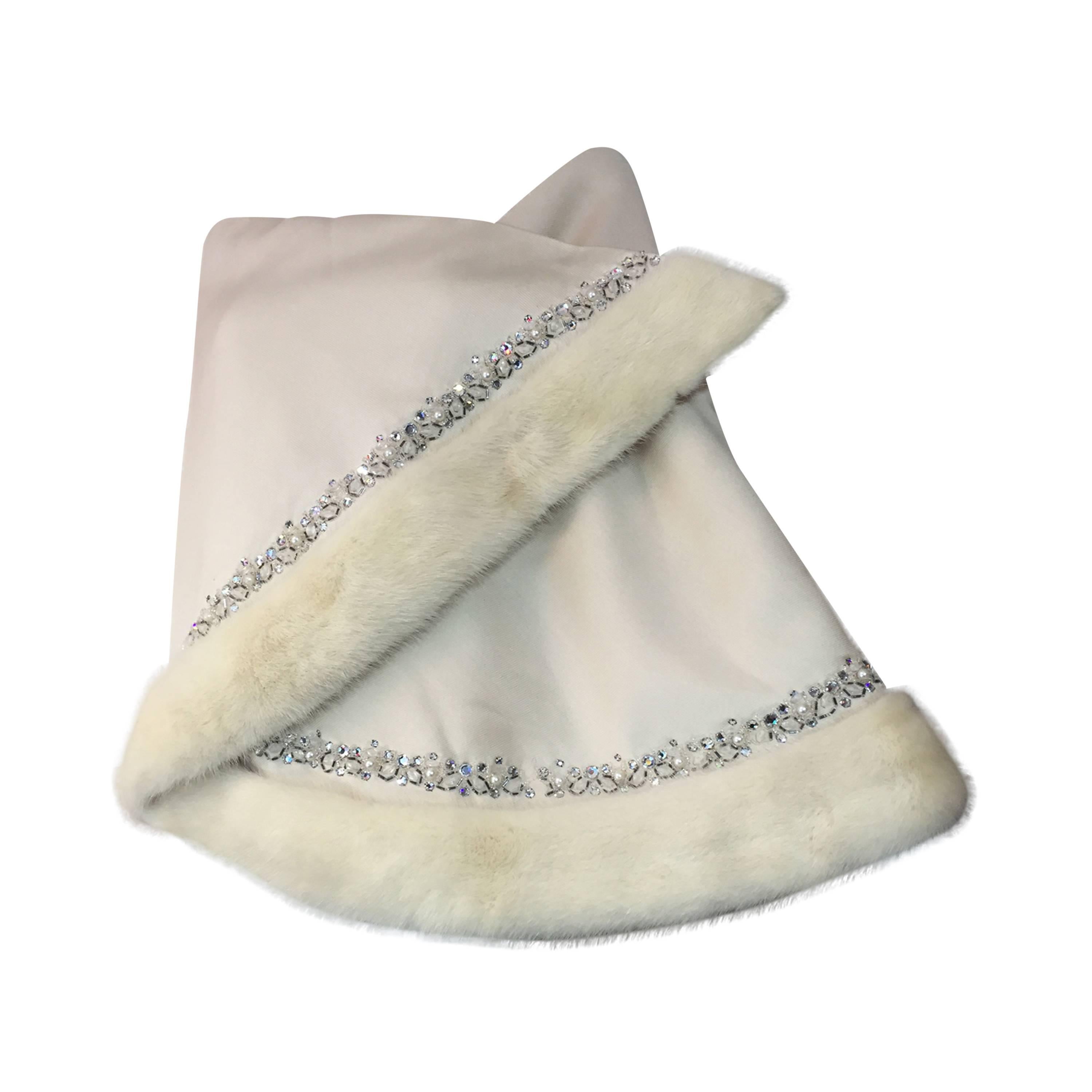 1950s Winter White Silk Faille Asymmetrical Wrap w/ Mink and Jewel Trim
