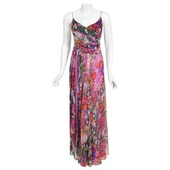 Vintage 1970s Scott Barrie Purple Floral Chiffon Low-Cut Plunge Maxi Wrap Dress