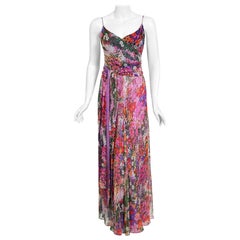 Vintage 1970s Scott Barrie Purple Floral Chiffon Low-Cut Plunge Maxi Wrap Dress 