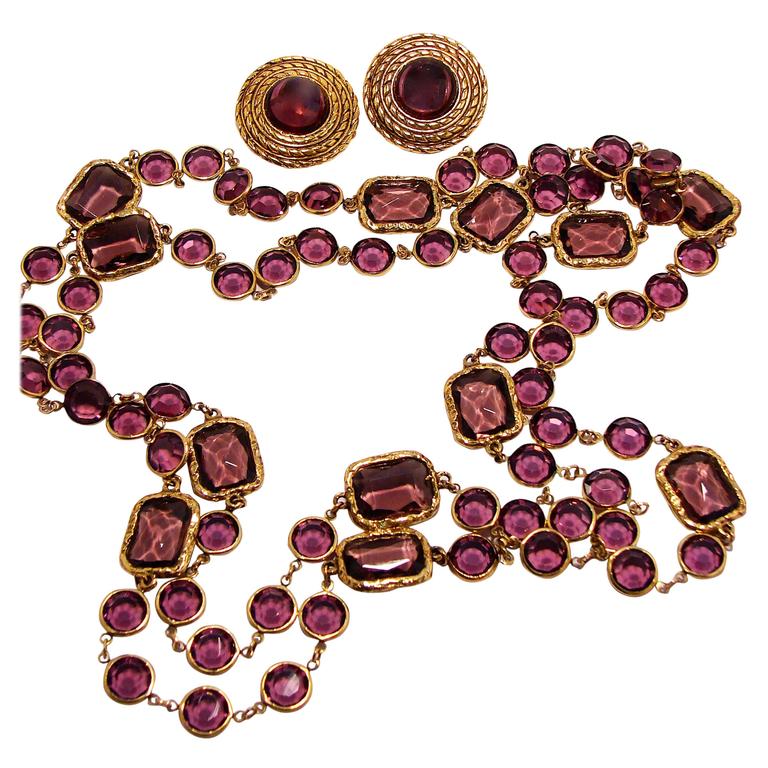 Chanel Amethyst Sautoir Necklace with Matching Earrings Set, 1981 at