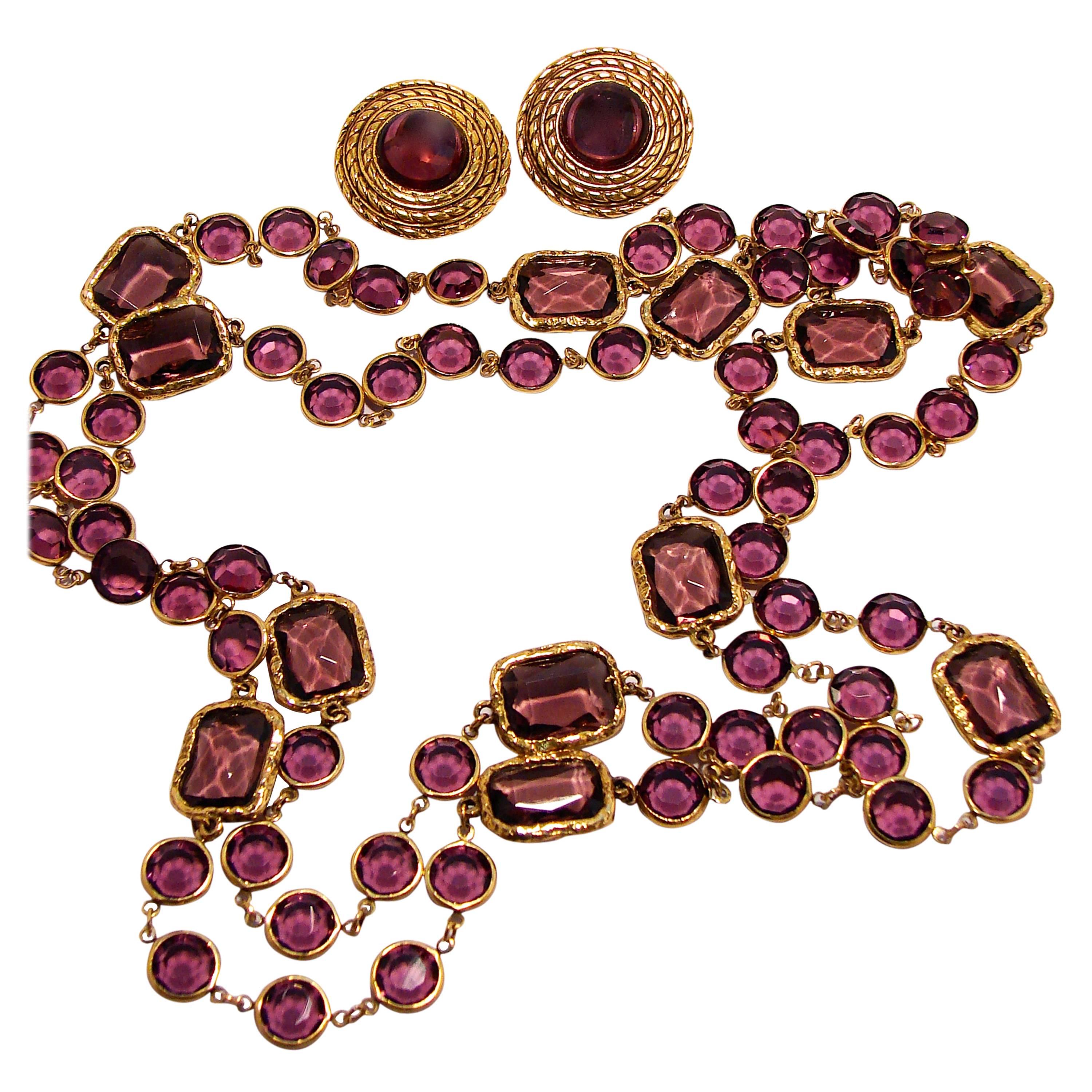 Chanel Amethyst Sautoir Necklace with Matching Earrings Set, 1981