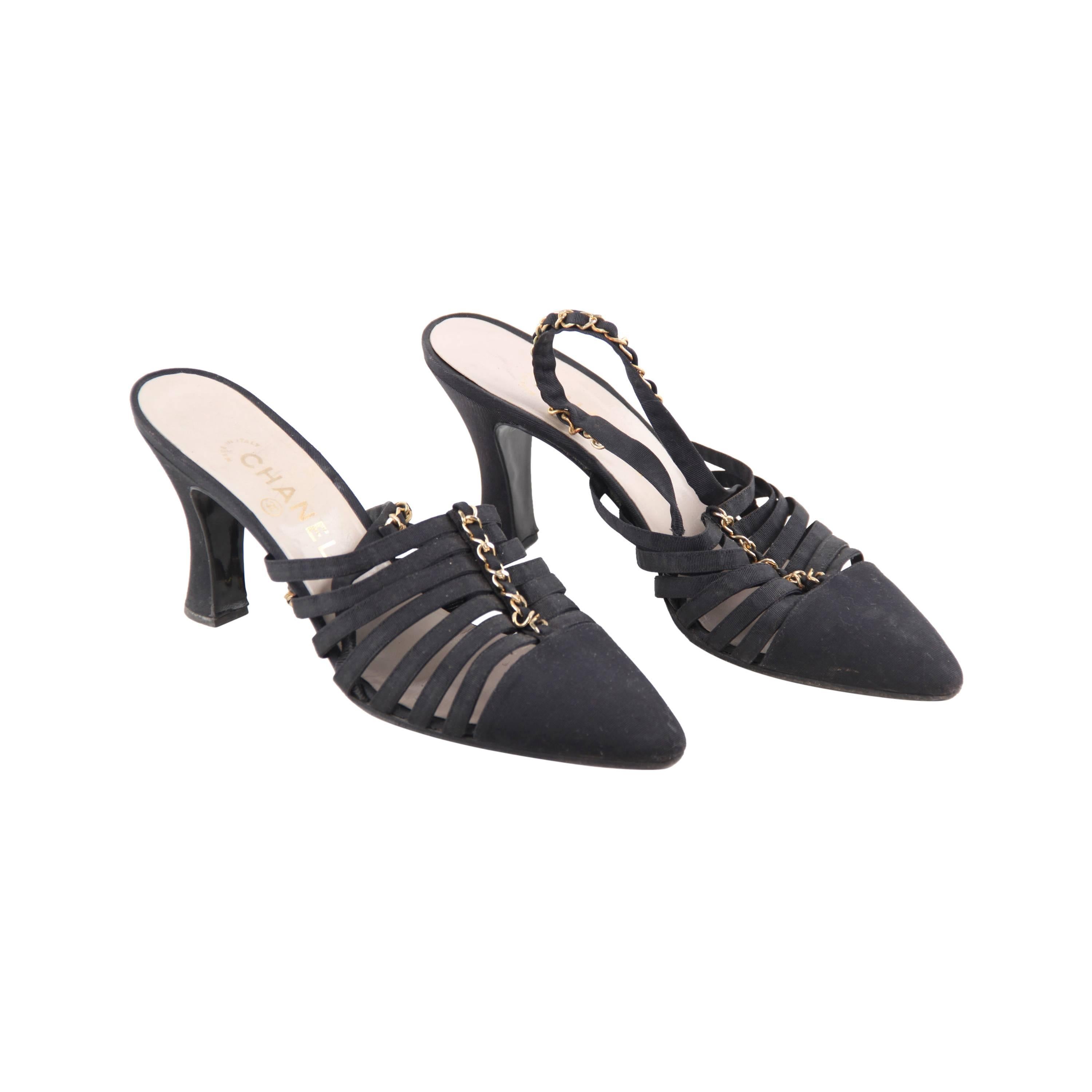 CHANEL Vintage Black Fabric SLINGBACK PUMPS Heels SHOES w/ CHAIN sz 39