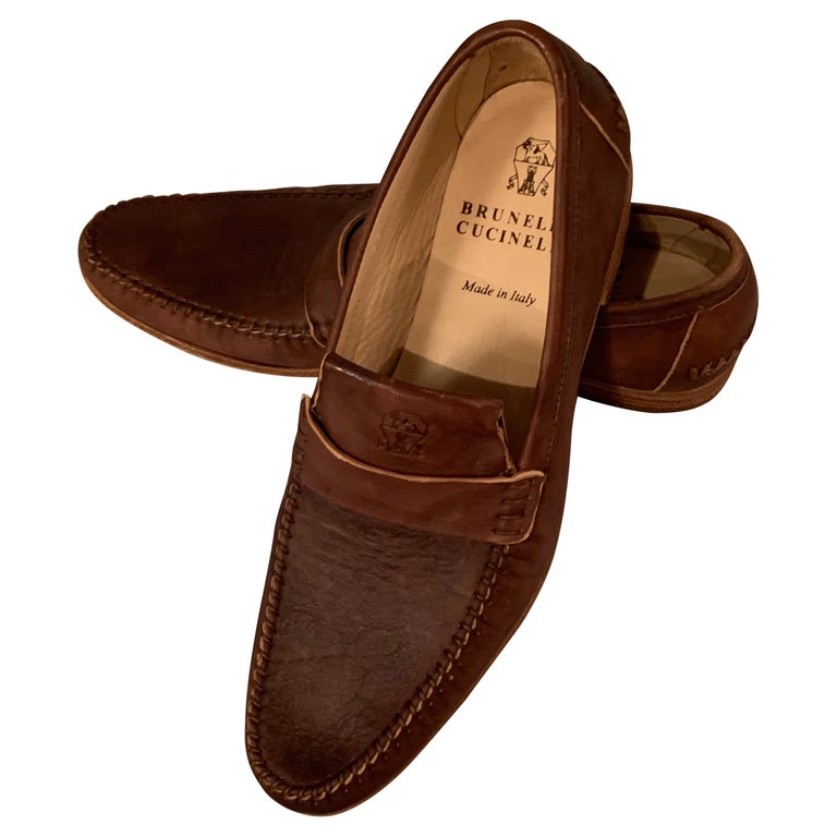 Brunello Cucinelli Brown Leather Loafers Never Worn EU 37 / 7 For Sale at 1stDibs