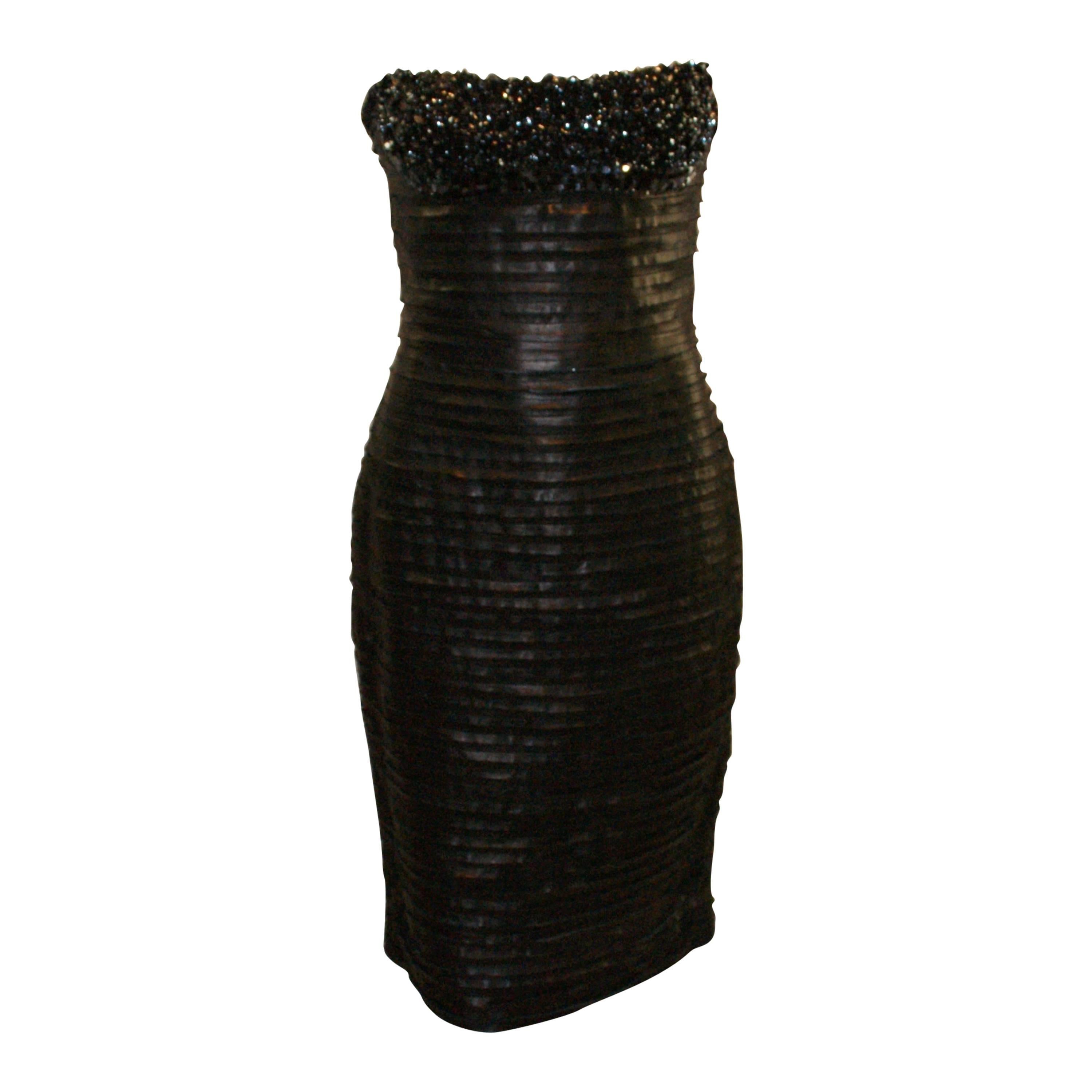 F/W 2005 Atelier Versace Black Leather Beaded Strapless Mini Dress