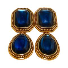 Yves Saint Laurent Blue Glass Cabochon & Gold Metal Drop Earrings Clip Style 197 5