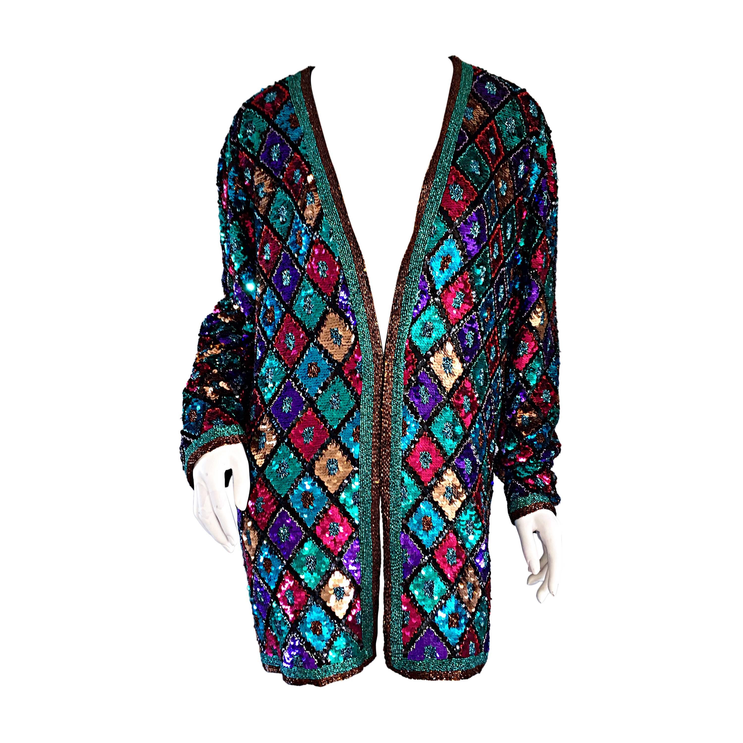 Vintage Oleg Cassini Sequined & Beaded Colorful Slouchy ' Stained Glass ' Jacket