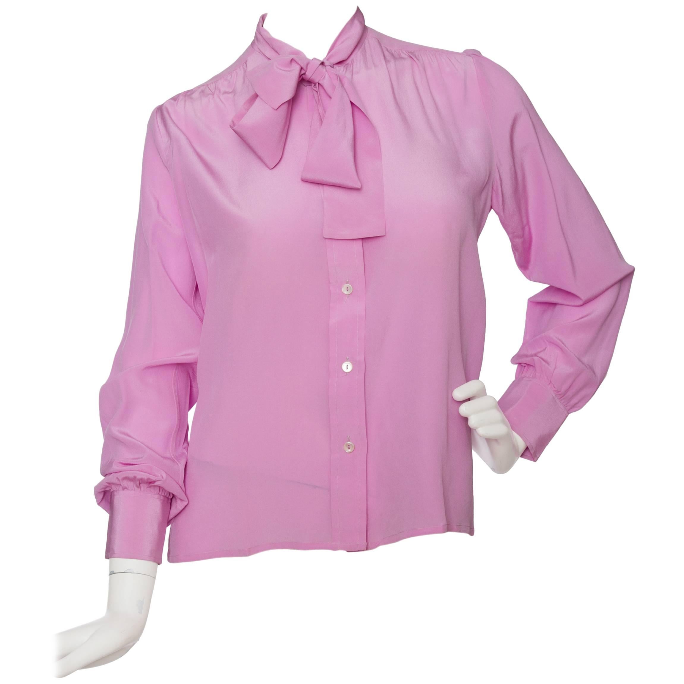 1970s Yves Saint Laurent Pink Silk Blouse  For Sale