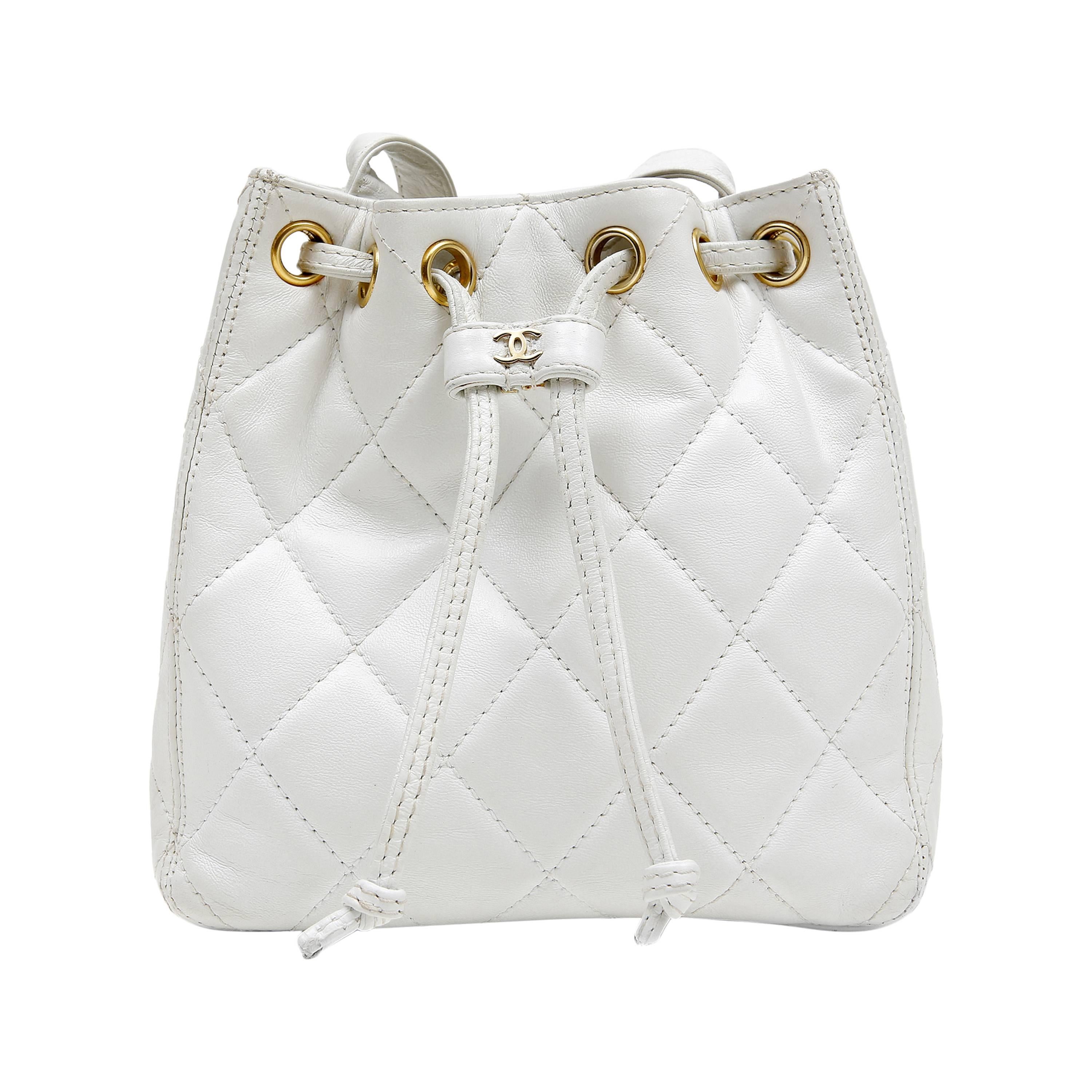 Chanel White Quilted Lambskin Bucket Bag