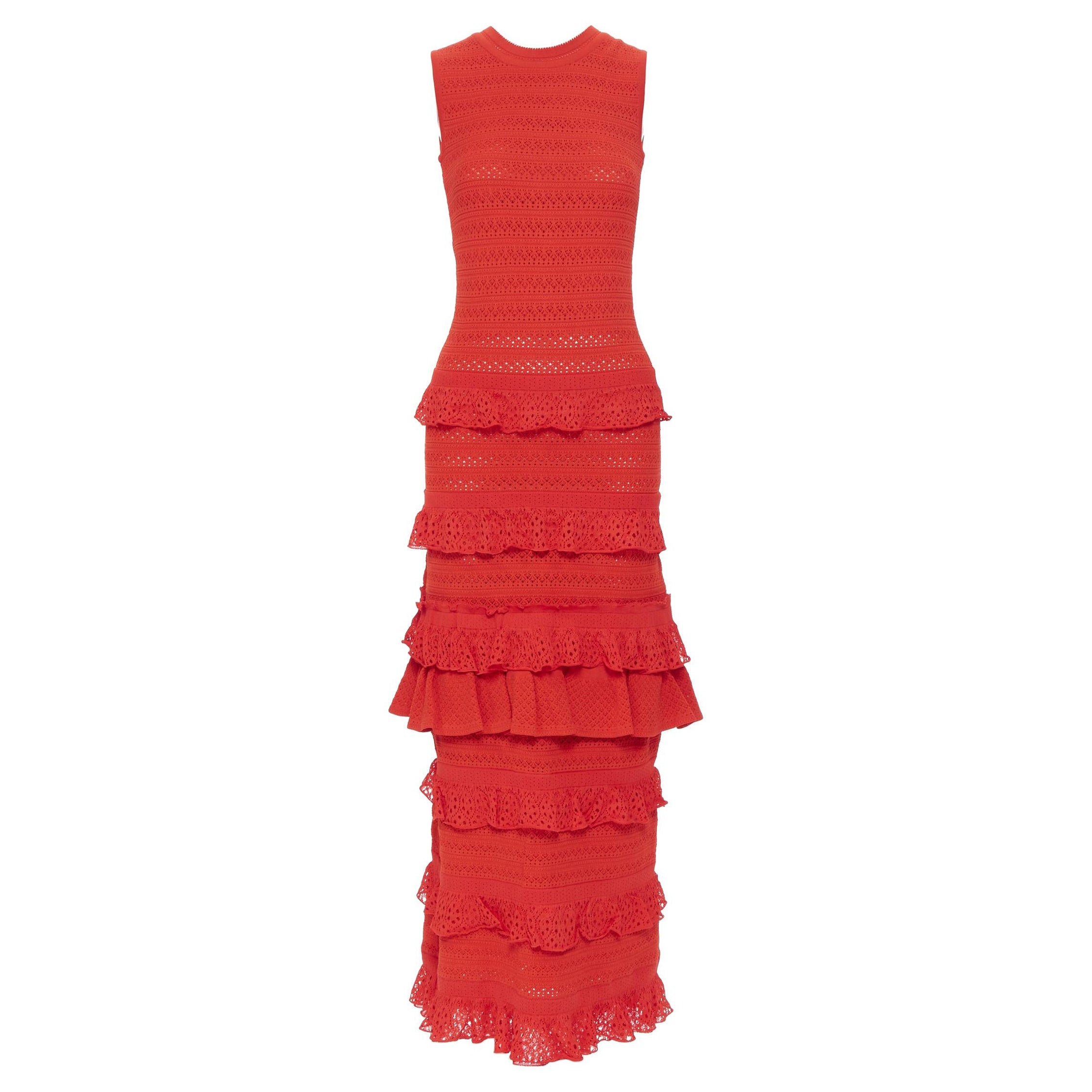 OSCAR DE LA RENTA SS17 red knitted tiered ruffle trimevening gown dress XS