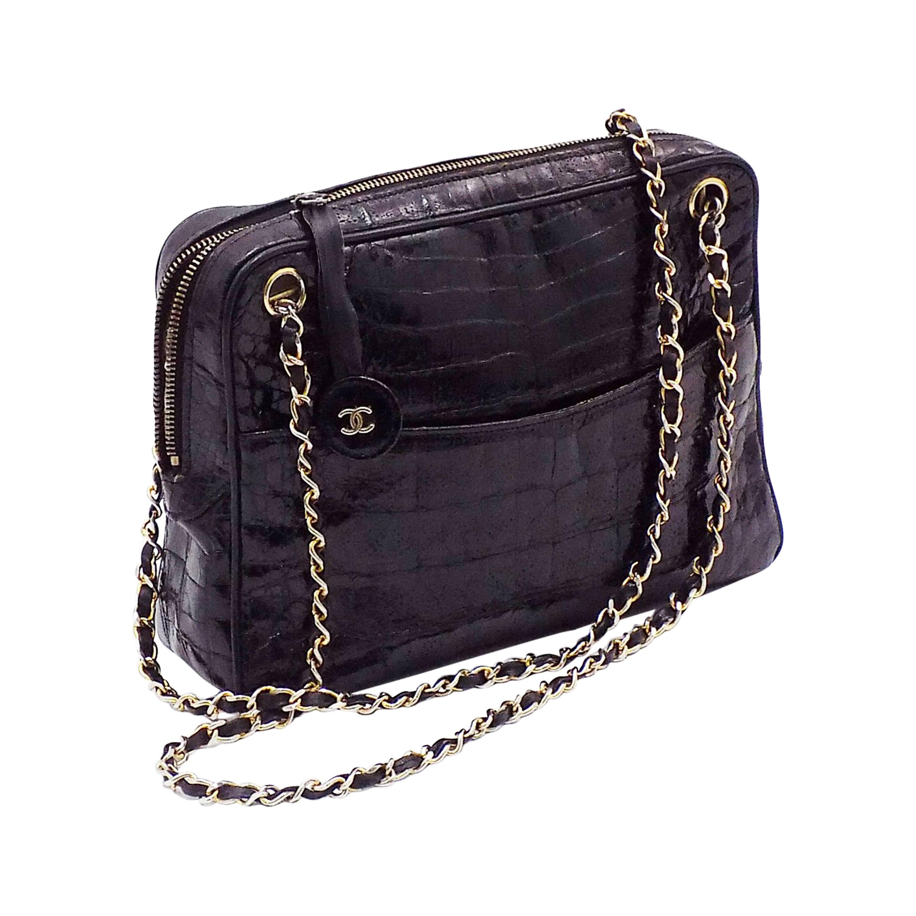 Chanel Vintage Crocodile Alligator Black shoulder bag