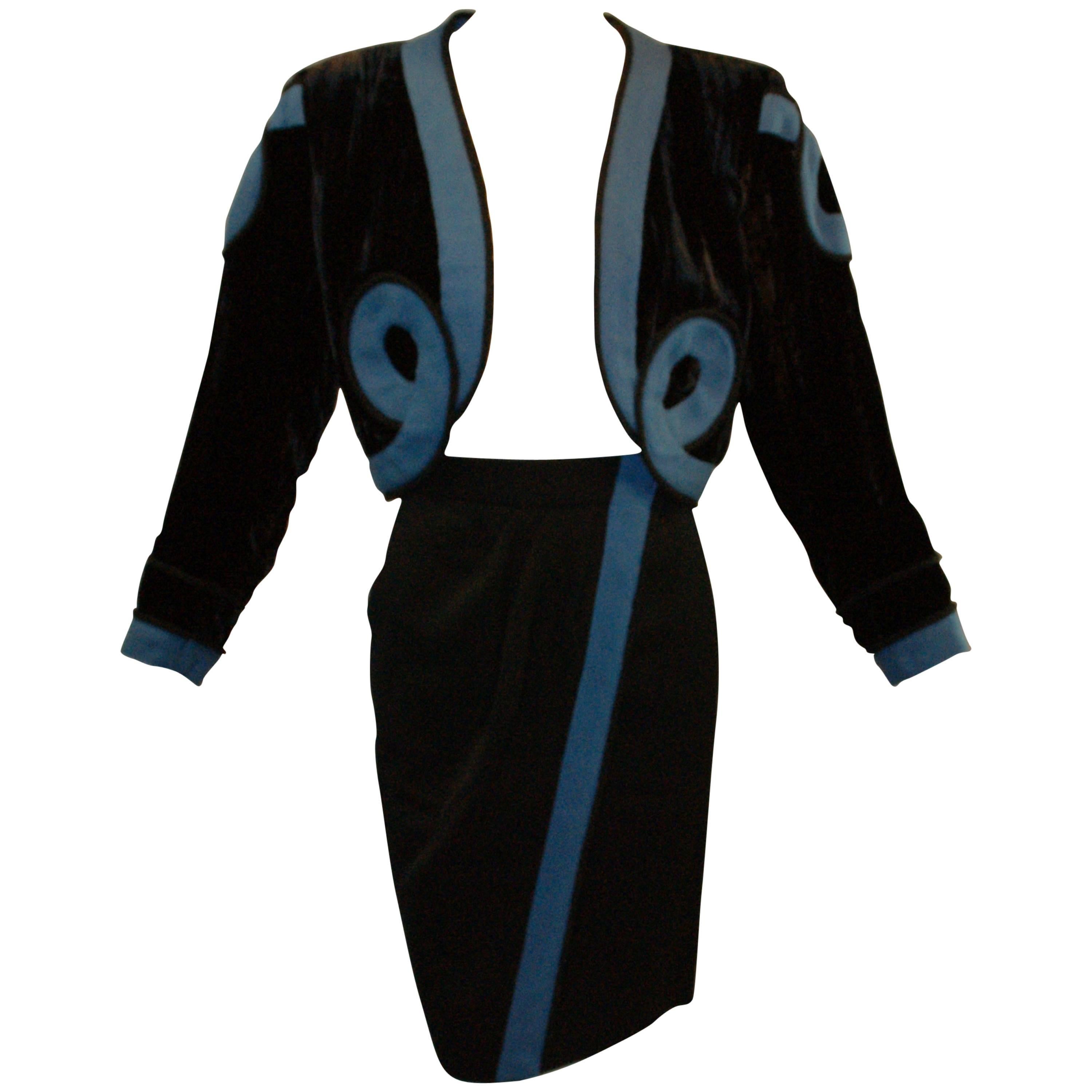 S/S 1991 Yves Saint Laurent Woven Rope Trim Toreador Crop Jacket Skirt Suit