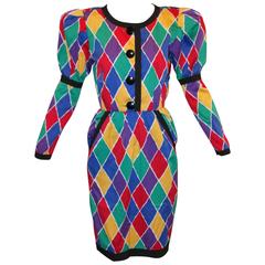 S/S 1988 Yves Saint Laurent Harlequin Long Sleeve Pencil Dress 38