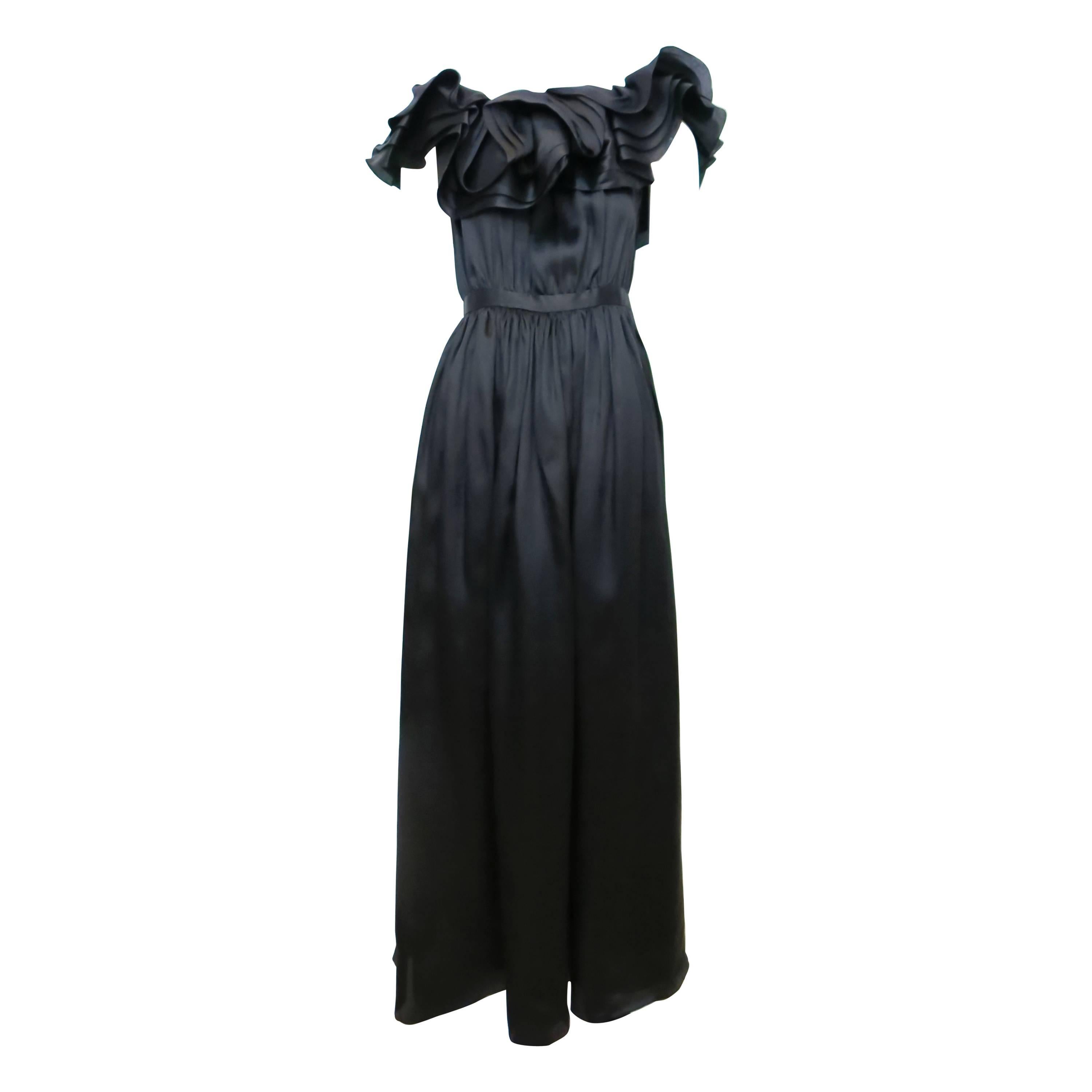 1970s Halston Black Ruffle Evening Gown For Sale