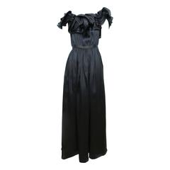 1970s Halston Black Ruffle Evening Gown