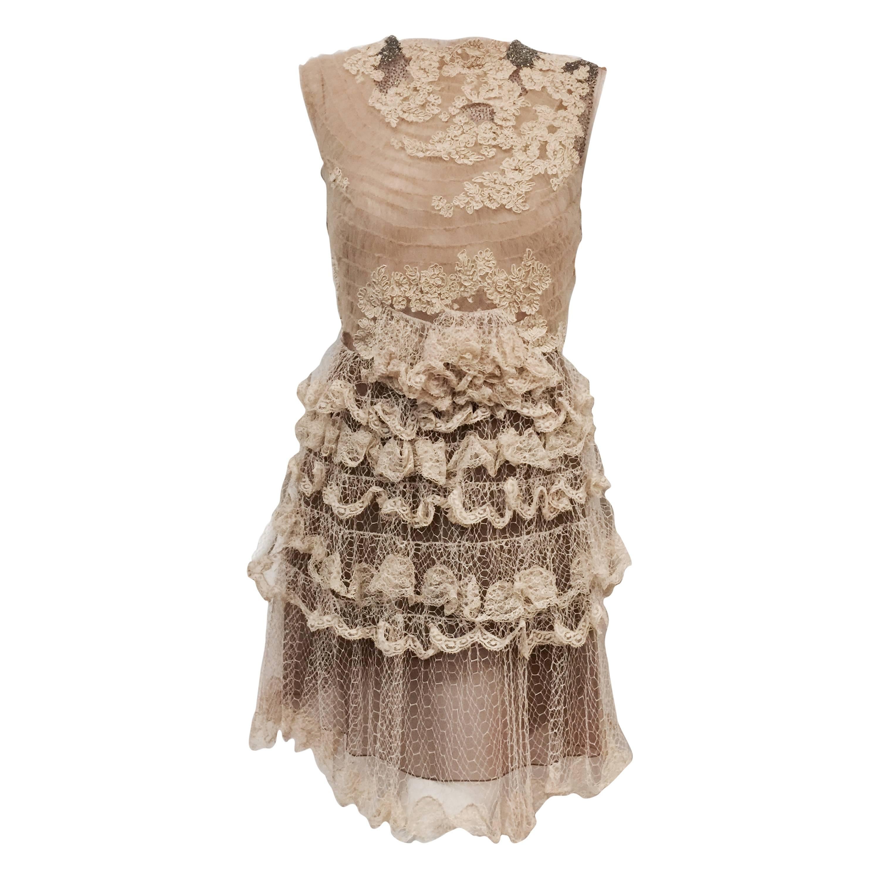 Valentino Mocha Latte Lace Sleeveless  Cocktail Dress 