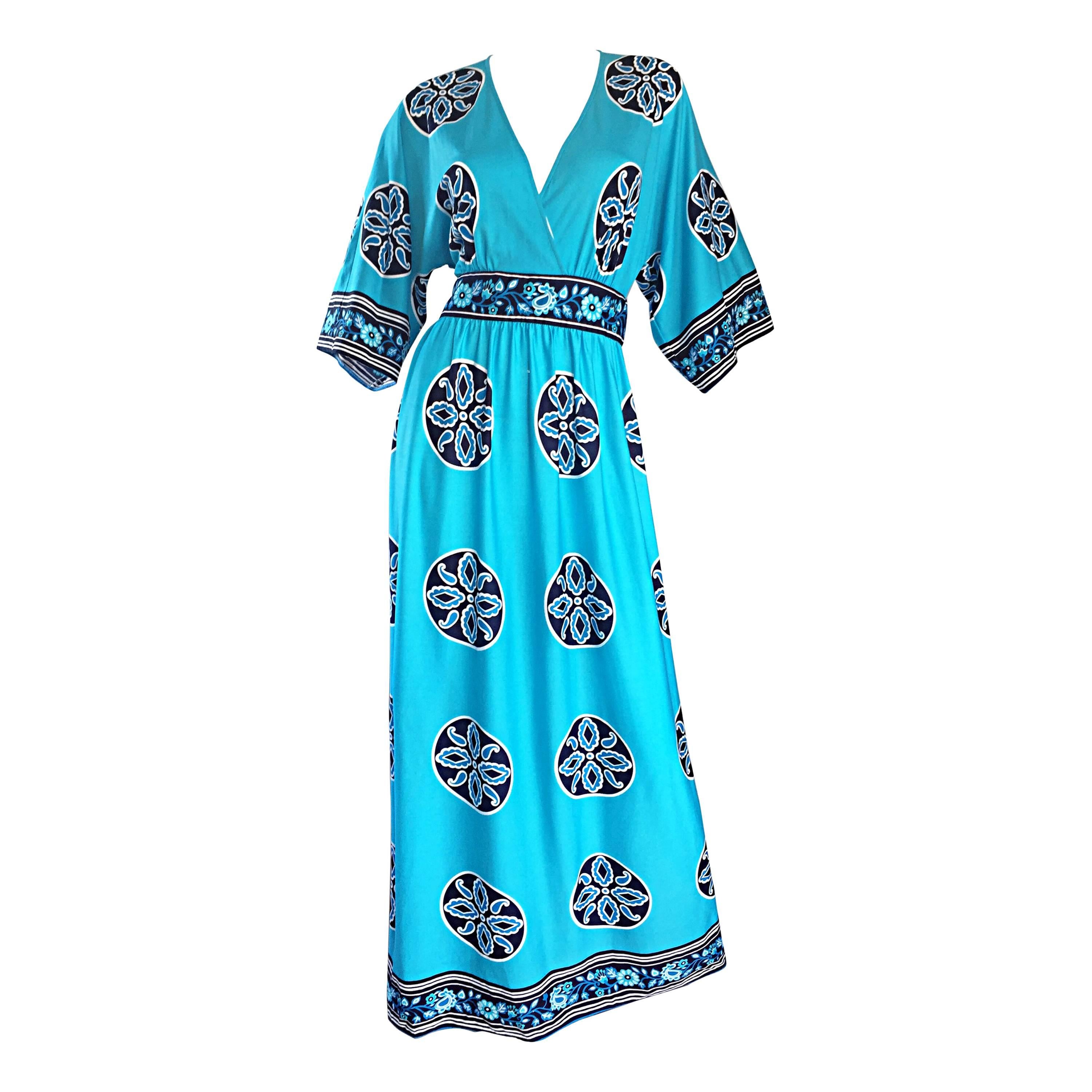 Amazing 1970s 70s Aqua Blue ' Ethnic ' Inspired Mosaic Printed Maxi Caftan Dress