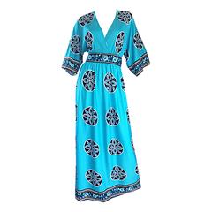 Vintage Amazing 1970s 70s Aqua Blue ' Ethnic ' Inspired Mosaic Printed Maxi Caftan Dress