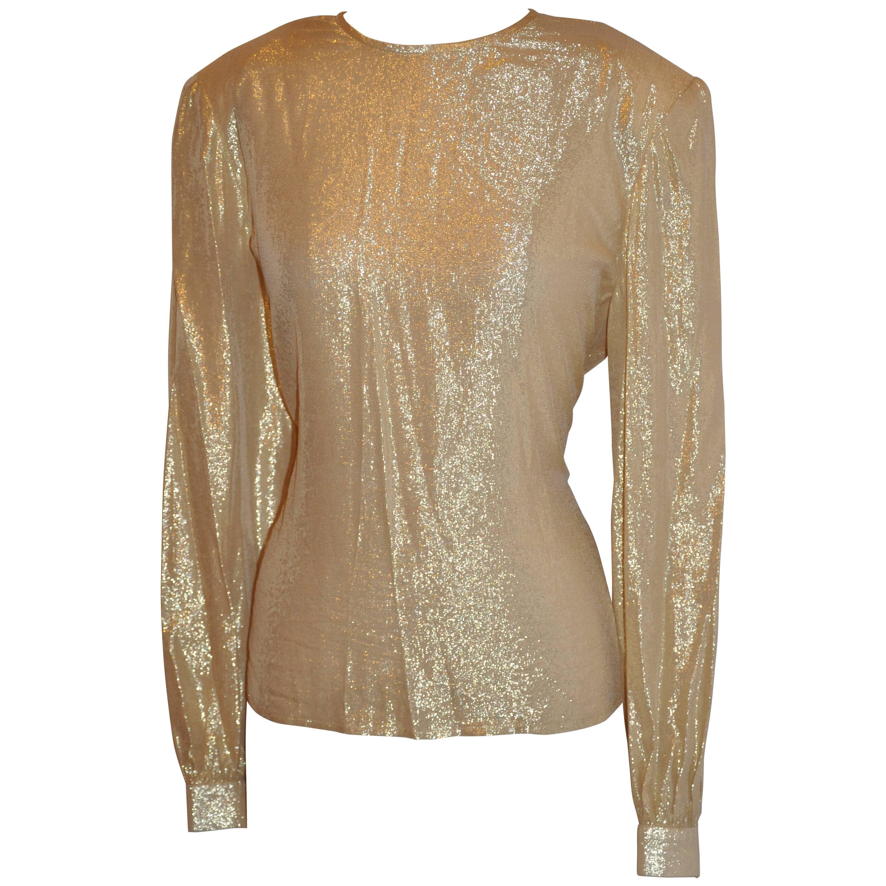 David Hayes Gold Lame Crew Neck Zippered Back Top For Sale