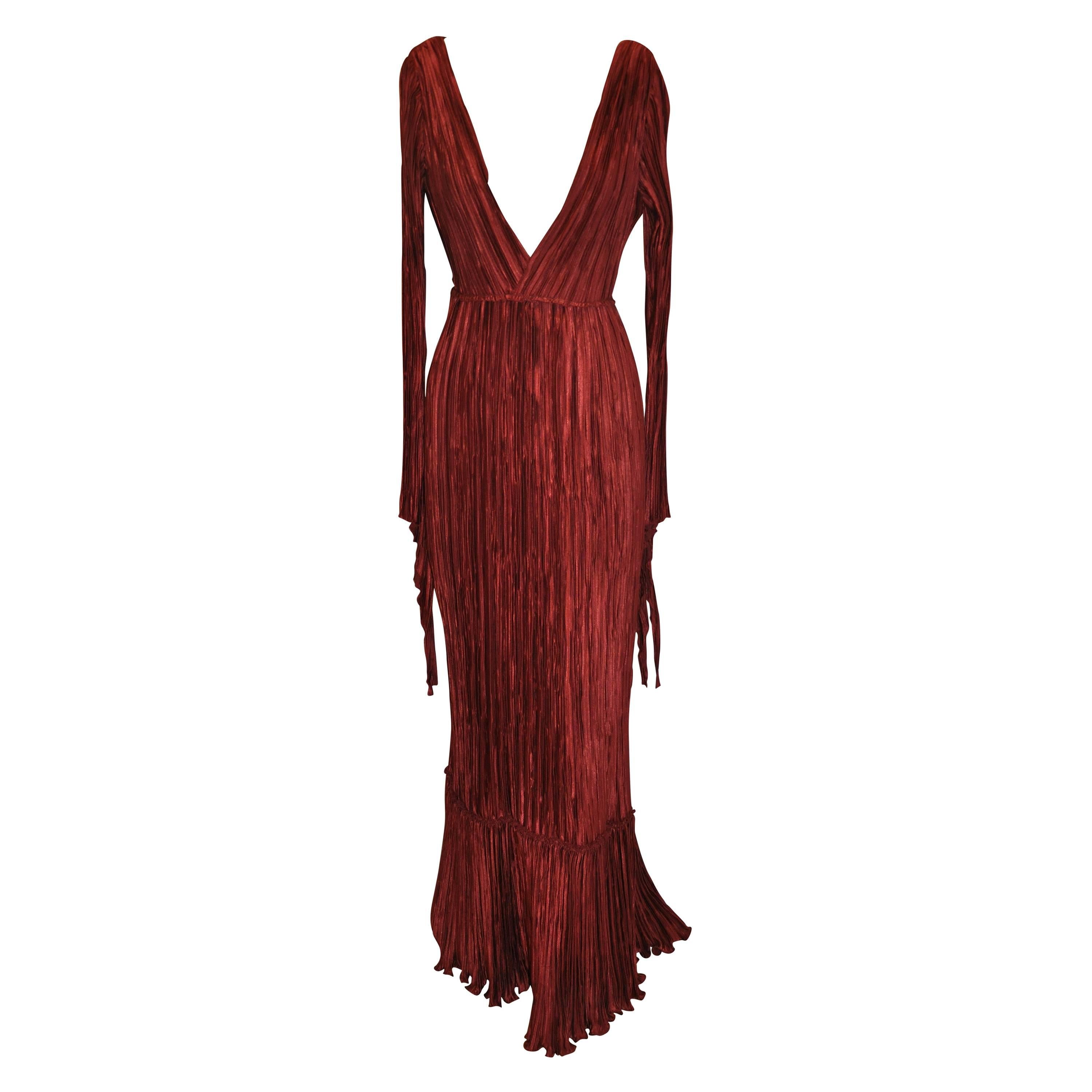 Mary McFadden Signature Burgundy Pleated Body-Hugging Gown For Sale