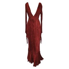 Vintage Mary McFadden Signature Burgundy Pleated Body-Hugging Gown