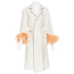 new PRADA 100% silk cream black piping orange feather cuff robe jacket Rihanna M