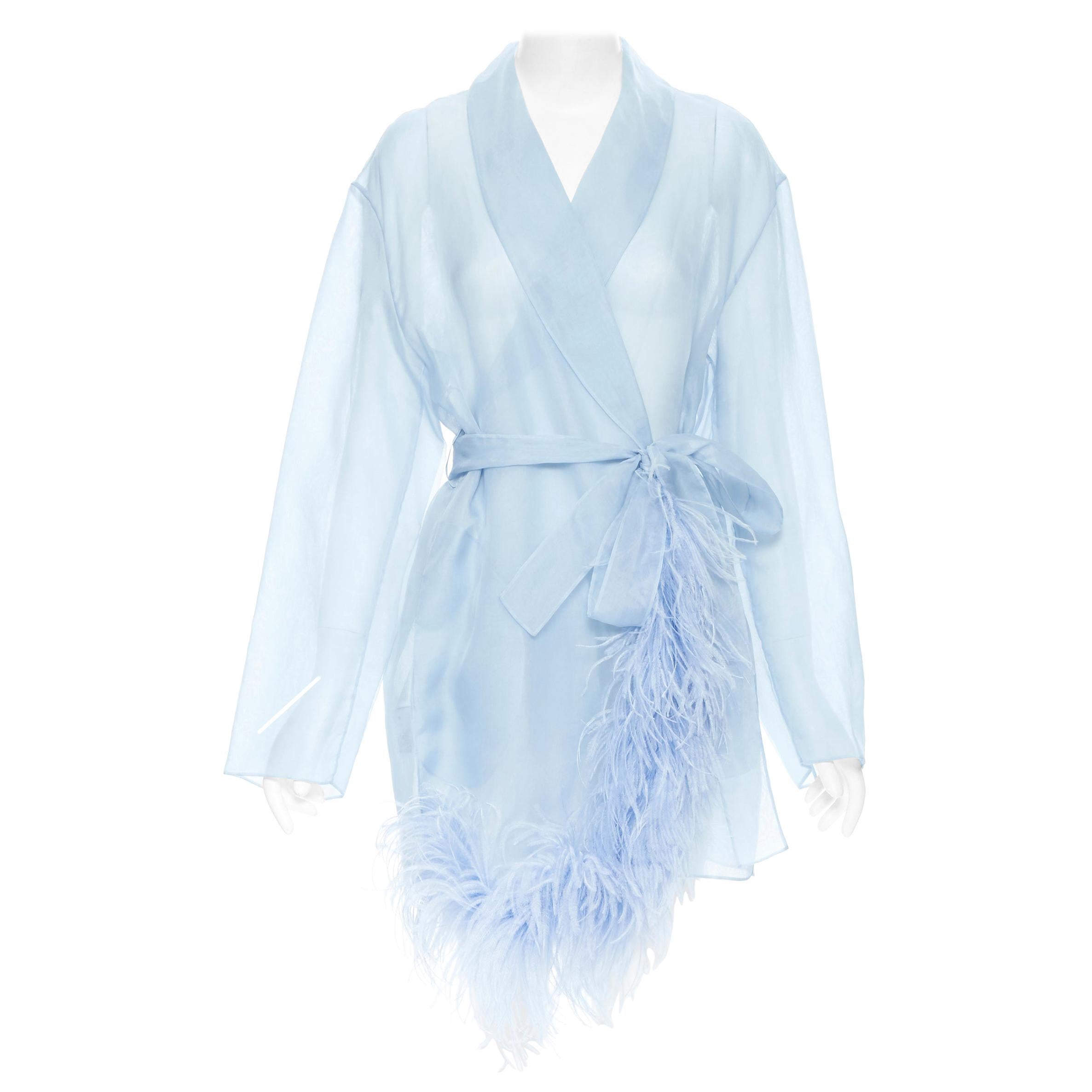 new PRADA 100% silk blue sheer feather trimmed hem belted shawl robe coat M