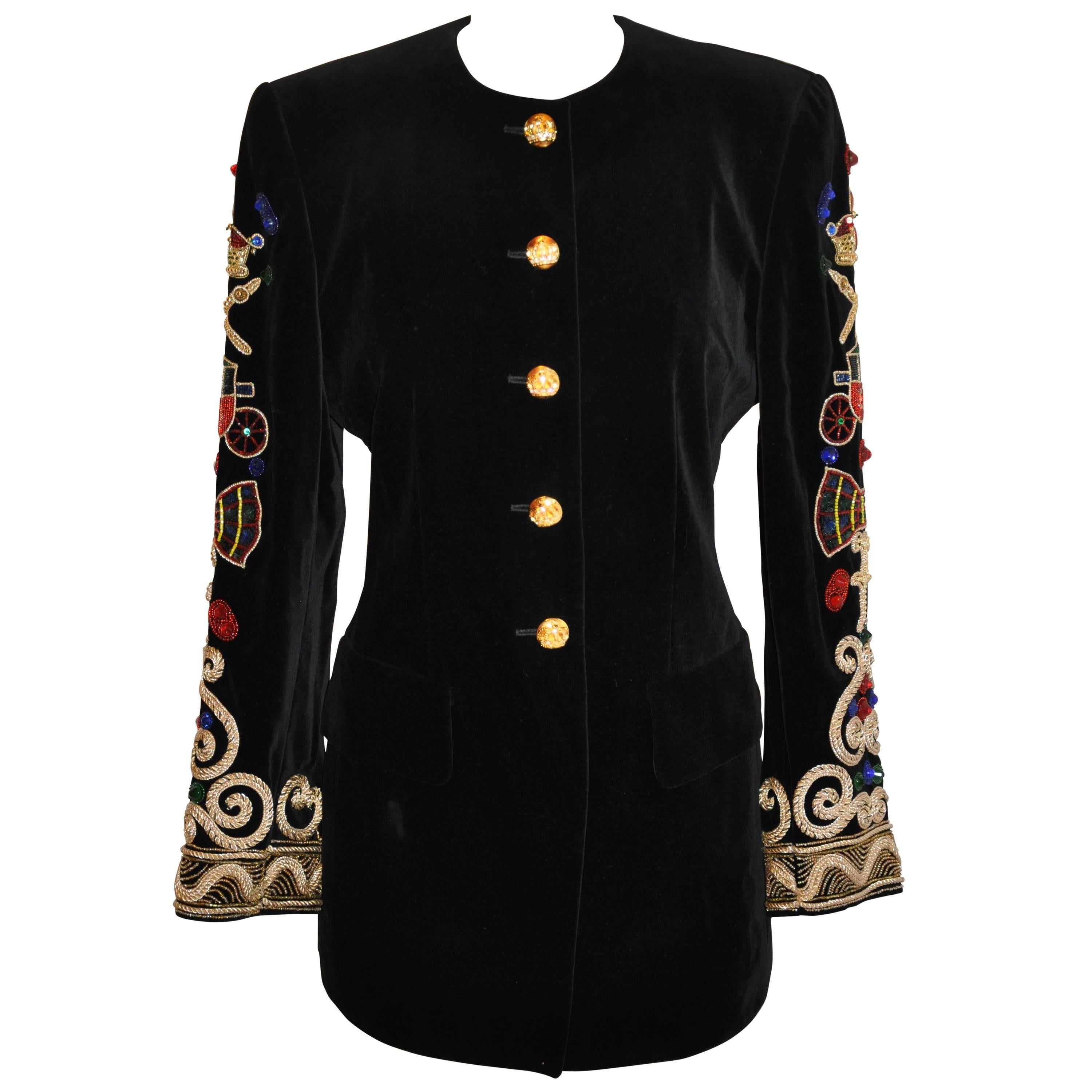 Escada 'Couture' Black Velvet with Detailed Embellished Sleeves Blazer For Sale
