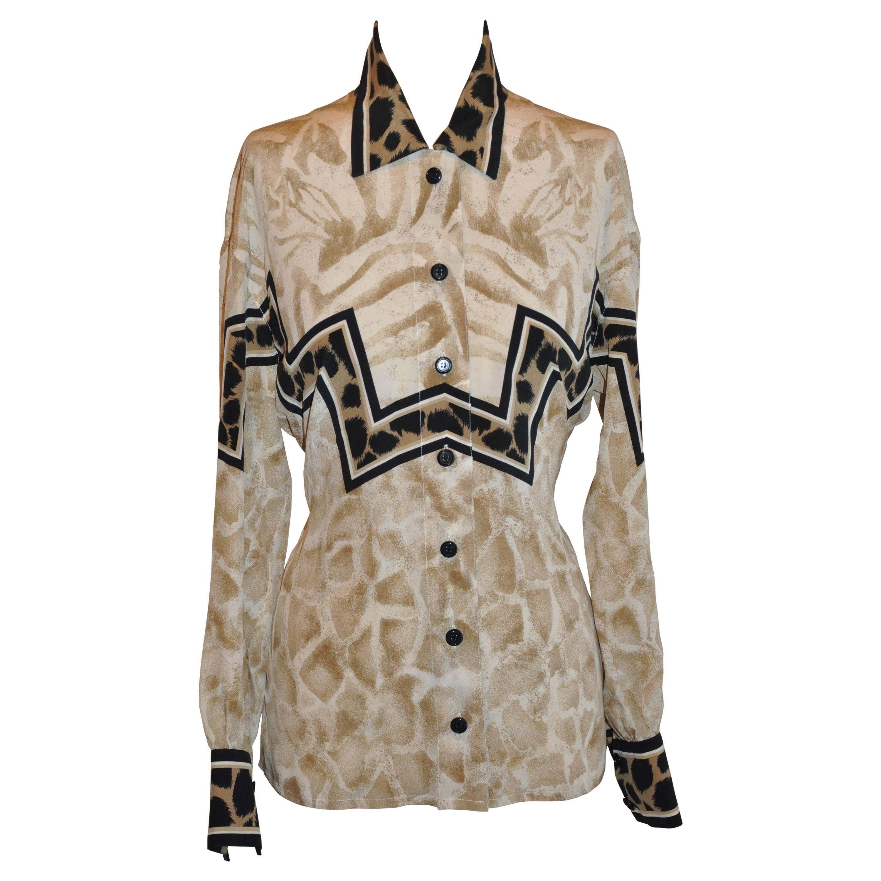 Escada Multi-Print Accented with Leopard Print Silk Blouse For Sale