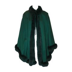 Emerald Cashmere Cape w/ Fox Collar and Trim - One Size