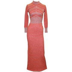 Vintage Coral Wool Long Sleeved Maxi Dress w/ Silver Metallic Stitching - 1970
s