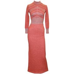 Vintage Coral Wool Long Sleeved Maxi Dress w/ Silver Metallic Stitching - 1970's