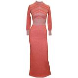 Vintage Coral Wool Long Sleeved Maxi Dress w/ Silver Metallic Stitching - 1970's